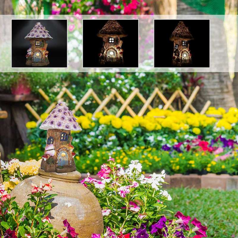 Fairy Garden House Solar Garden Statues Sculpture Miniature Figurine Treehouse Decor Lawn Yard Ornam