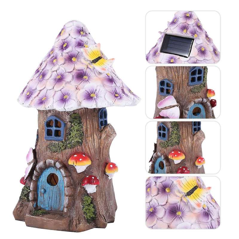 Fairy Garden House Solar Garden Statues Sculpture Miniature Figurine Treehouse Decor Lawn Yard Ornam