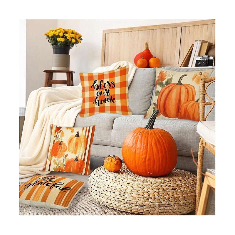 Fall Decor Throw Pillow Covers 18x18inch Grateful Bless Own Home Pumpkin Thanksgiving Pillowcase for