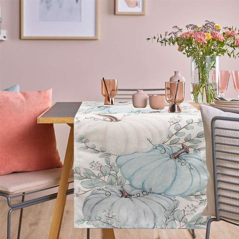 Fall Eucalyptus Leaves Pumpkins Table Runner, Autumn Thanksgiving Kitchen Dining Table Decoration F