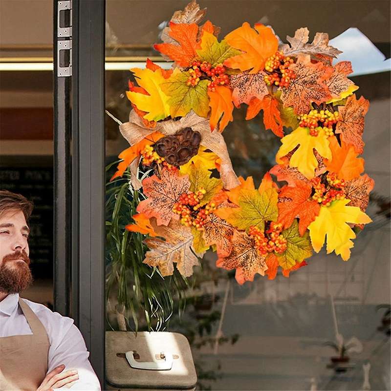Fall Harvest Festival Maple Leaf Wreath Maple Leaf Red Berry Lotus Rattan Door Hanging Thanksgiving