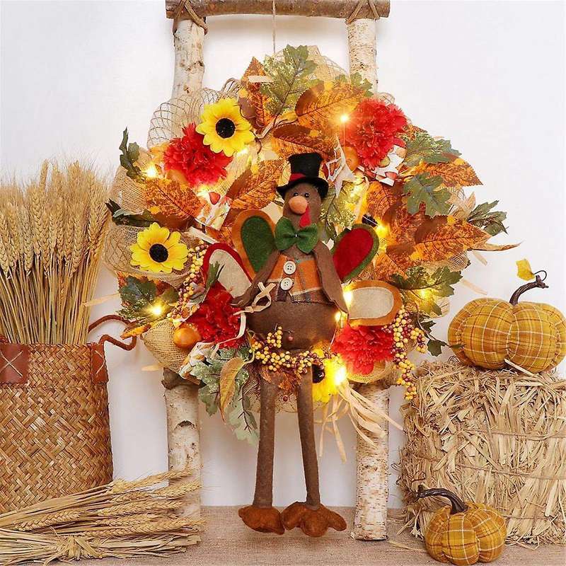 Fall Thanksgiving Wreath - Lighted Wreath for Front Door Fall Artificial Wreath Maple Leaves Garland
