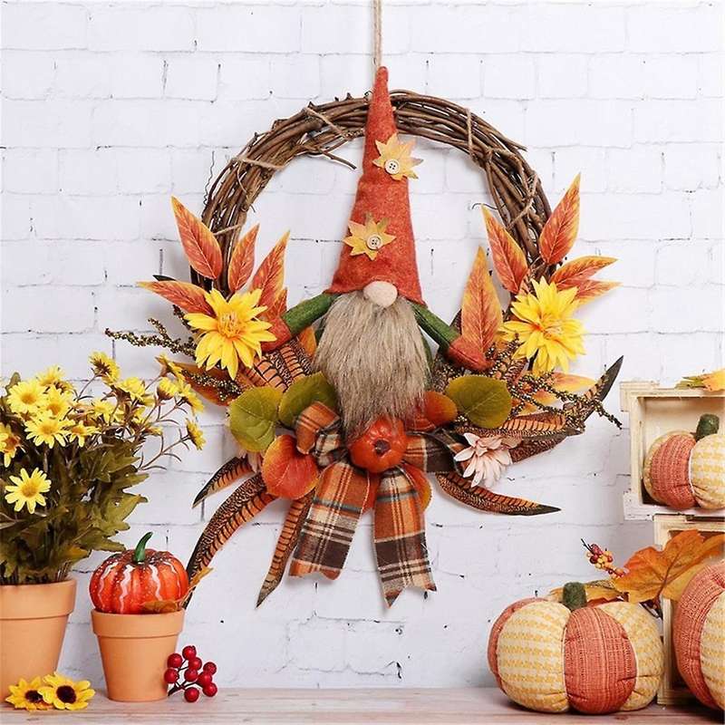 Fall Wreath Artificial Autumn Front Doors Wreath with Plush Gnome Pumpkin Flower Maple Leaves Harves