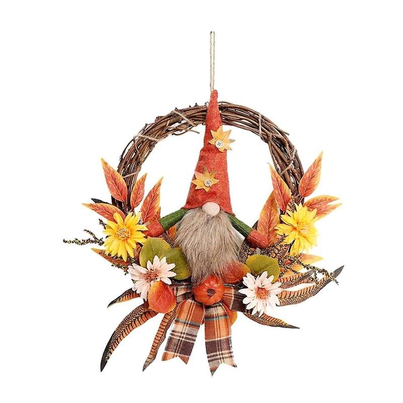 Fall Wreath Artificial Autumn Front Doors Wreath with Plush Gnome Pumpkin Flower Maple Leaves Harves