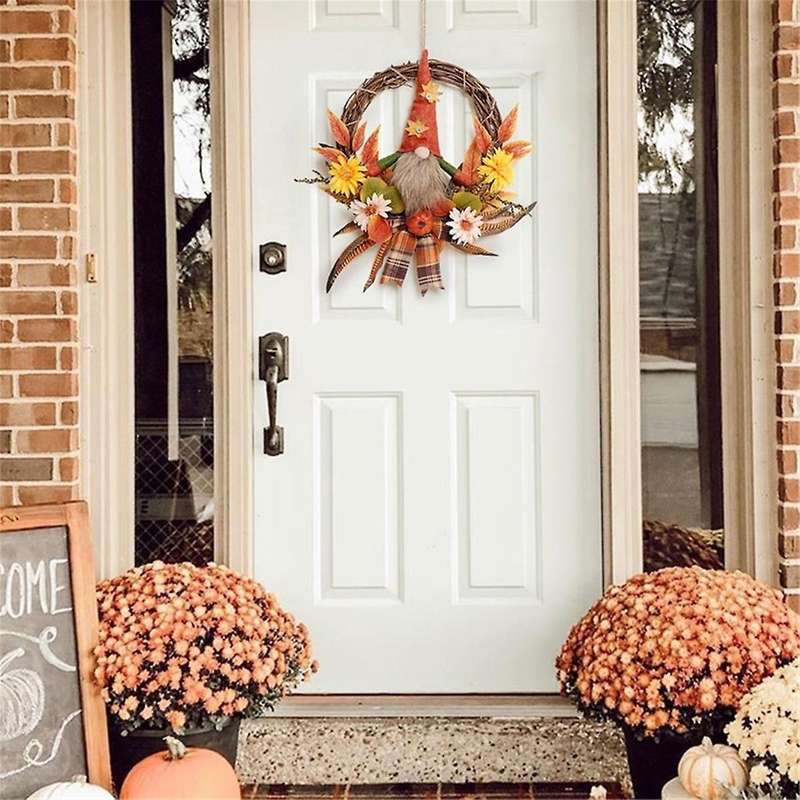 Fall Wreath Artificial Autumn Front Doors Wreath with Plush Gnome Pumpkin Flower Maple Leaves Harves