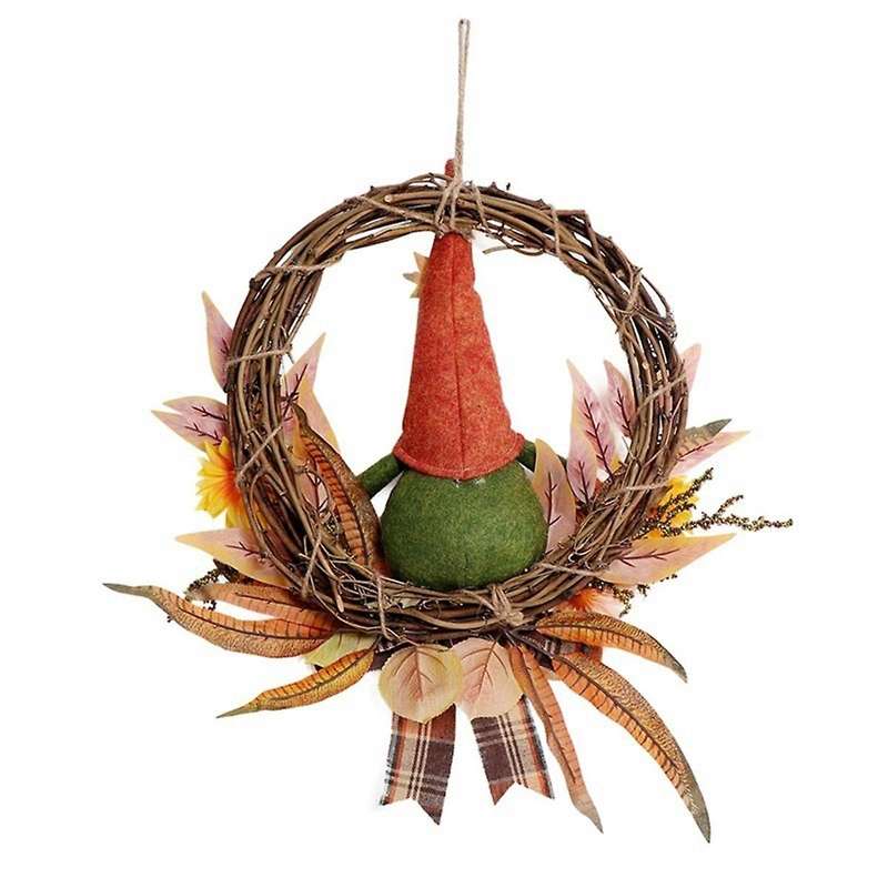 Fall Wreath Artificial Autumn Front Doors Wreath with Plush Gnome Pumpkin Flower Maple Leaves Harves