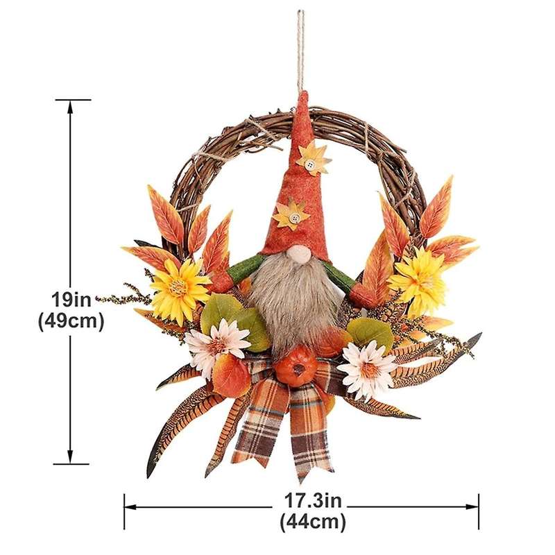 Fall Wreath Artificial Autumn Front Doors Wreath with Plush Gnome Pumpkin Flower Maple Leaves Harves