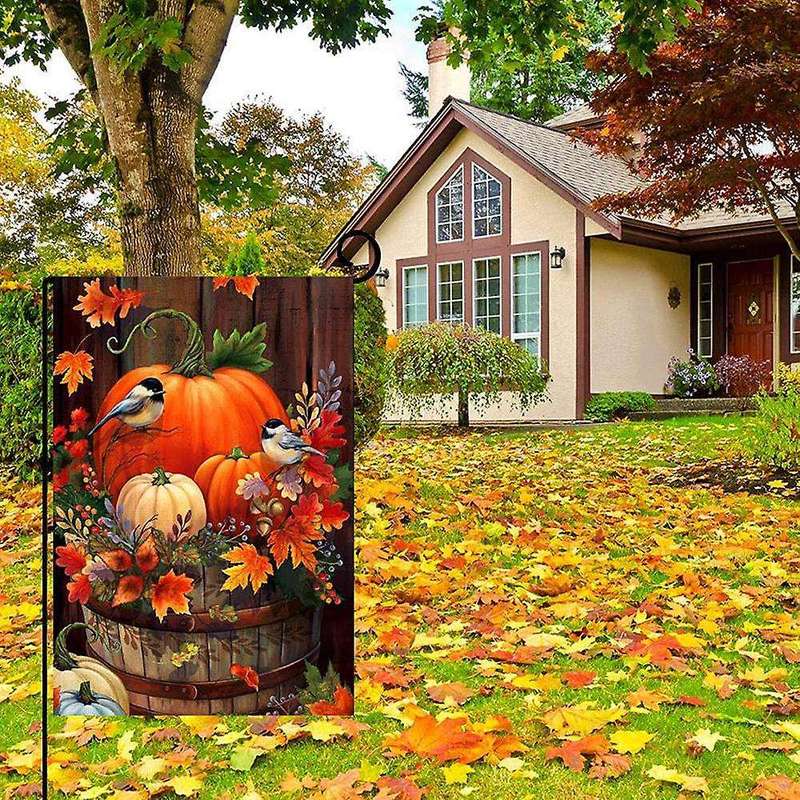 Fall Thanksgiving Pumpkin Small Garden Flag 12X18 Inch Double Sided Autumn Watercolor Bird for Seaso