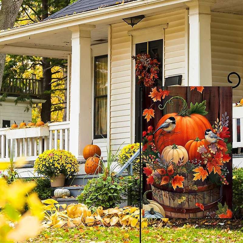 Fall Thanksgiving Pumpkin Small Garden Flag 12X18 Inch Double Sided Autumn Watercolor Bird for Seaso