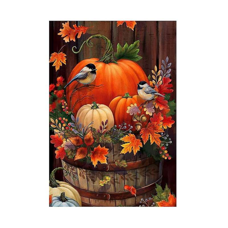 Fall Thanksgiving Pumpkin Small Garden Flag 12X18 Inch Double Sided Autumn Watercolor Bird for Seaso