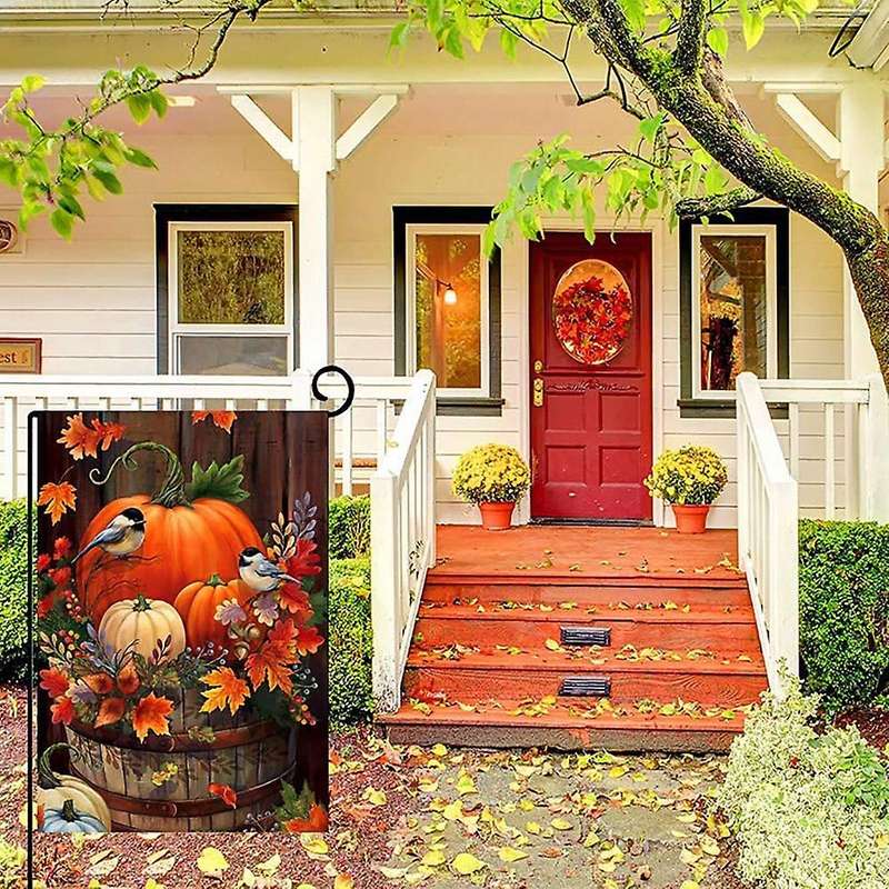 Fall Thanksgiving Pumpkin Small Garden Flag 12X18 Inch Double Sided Autumn Watercolor Bird for Seaso