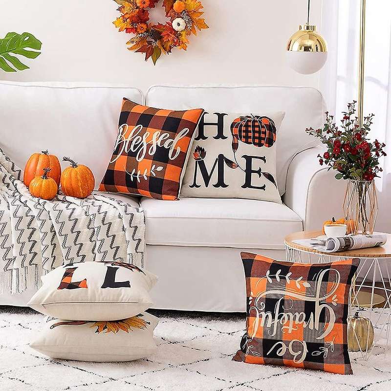Fall Throw Pillow Covers 18X18 Set of 4, Thanksgiving Farmhouse Autumn Pillows, Cushion Case Sofa an