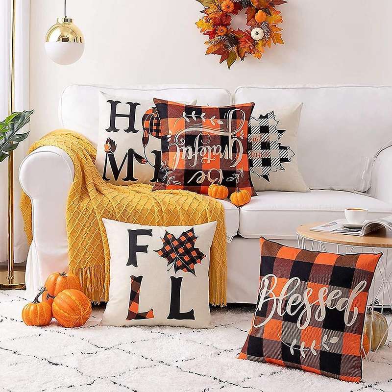 Fall Throw Pillow Covers 18X18 Set of 4, Thanksgiving Farmhouse Autumn Pillows, Cushion Case Sofa an