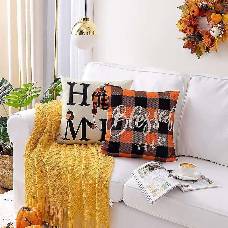 Fall Throw Pillow Covers 18X18 Set of 4, Thanksgiving Farmhouse Autumn Pillows, Cushion Case Sofa an