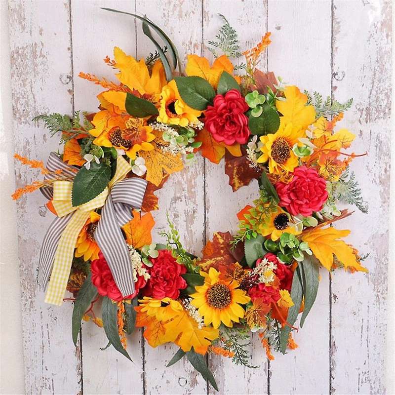 Fall Wreaths for Front Door, Sunflower Autumn Wreath, Pumpkins and Burlap Bows, for Farmhouse Indoor