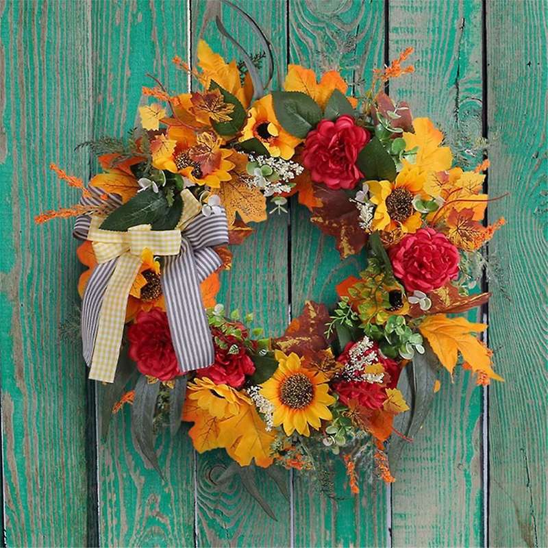 Fall Wreaths for Front Door, Sunflower Autumn Wreath, Pumpkins and Burlap Bows, for Farmhouse Indoor