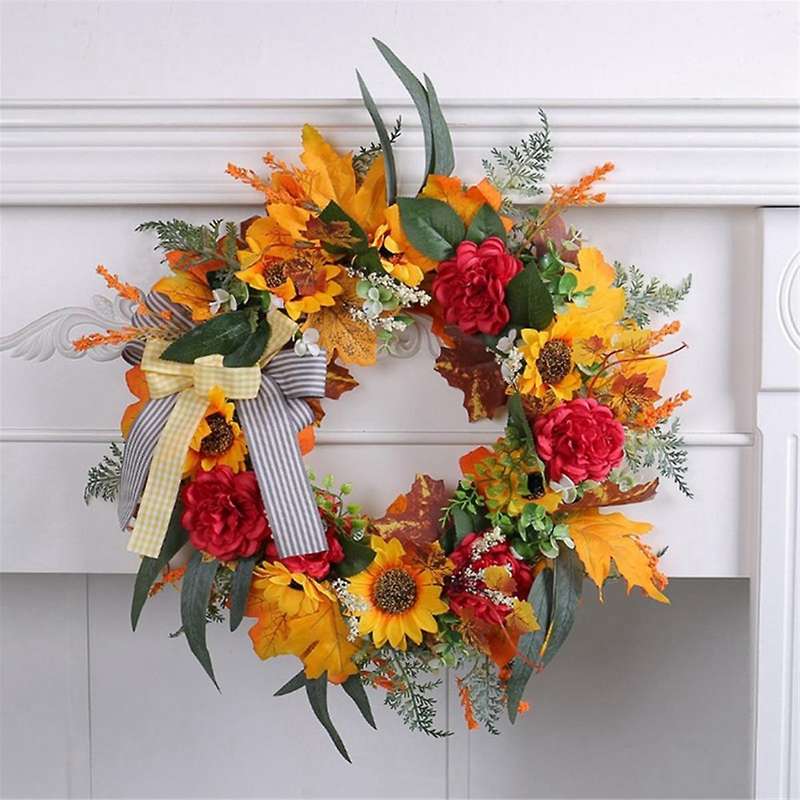 Fall Wreaths for Front Door, Sunflower Autumn Wreath, Pumpkins and Burlap Bows, for Farmhouse Indoor