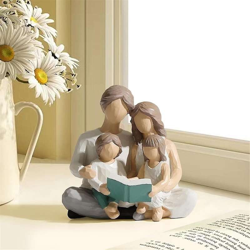 Family Of 4 Reading Book Figurines, Hand-painted Figures Gifts for Parents Or Daughter and Son, Home