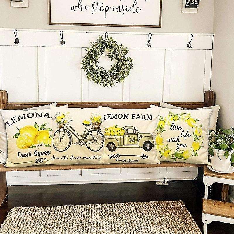 Farmhouse Lemon Pillow Covers Lemon Vintage Truck Lemon Bicycle Decorative Throw Pillow Covers For