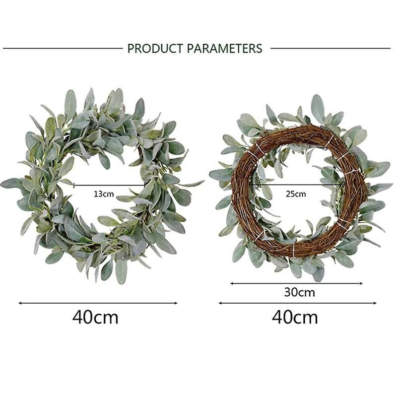 Farmhouse Flocked Lambs Ear Wreath Year Round Everyday Foliage Grapevine Wreath with Leaves for Fron