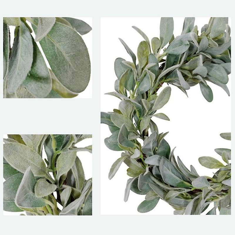 Farmhouse Flocked Lambs Ear Wreath Year Round Everyday Foliage Grapevine Wreath with Leaves for Fron