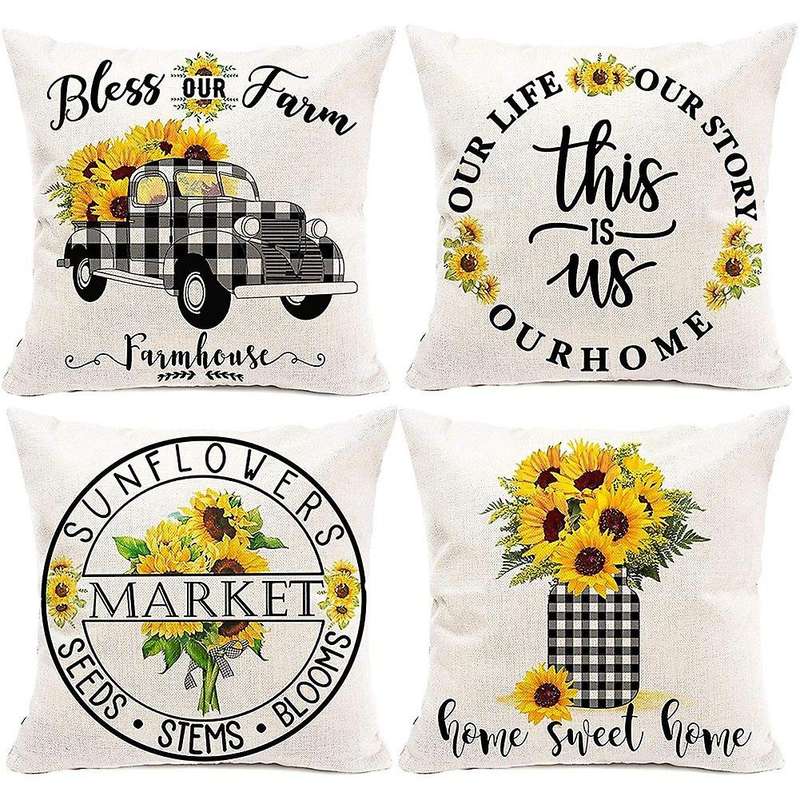 Farmhouse Summer Pillow Covers 18X18Inch Set of 4,Decorative Summer Pillow Covers Outdoor Sunflower