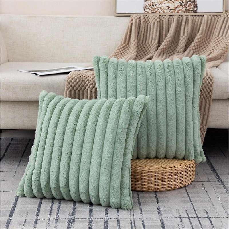 Faux Fur Plush Green Throw Pillow Covers Fuzzy Striped Pillowcase Cushion Covers 18 X 18 Inch Decor