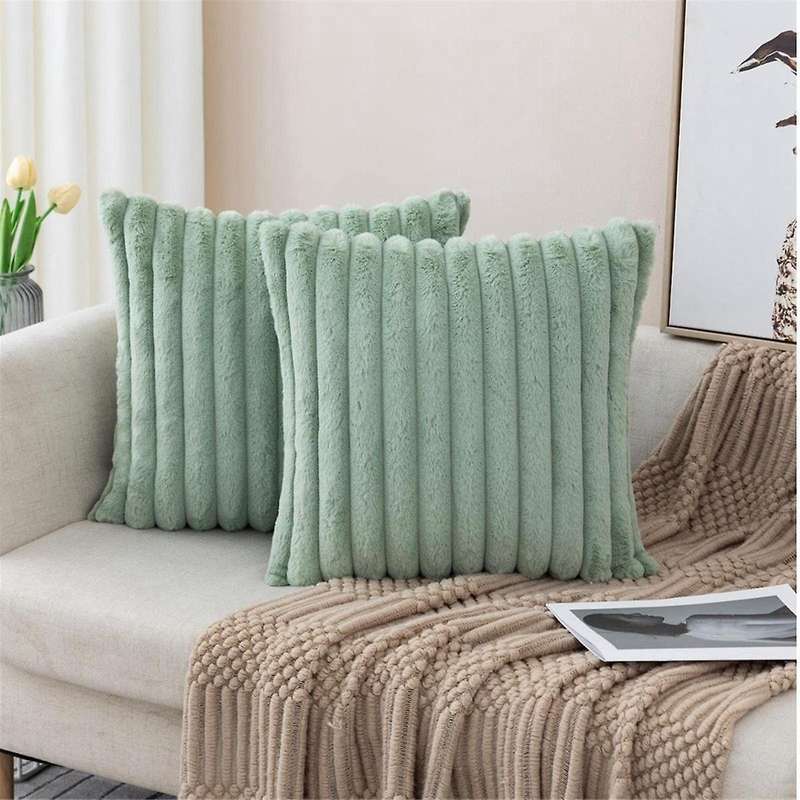 Faux Fur Plush Green Throw Pillow Covers Fuzzy Striped Pillowcase Cushion Covers 18 X 18 Inch Decor