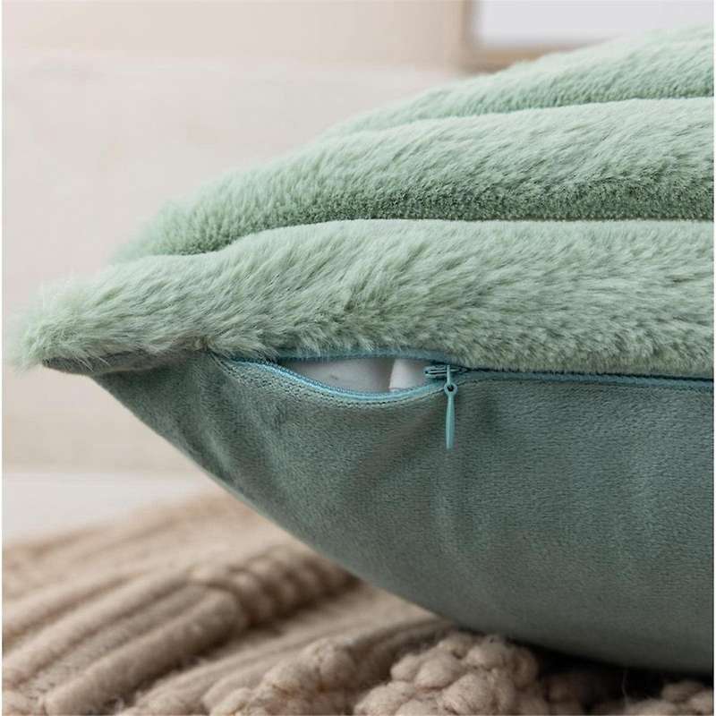 Faux Fur Plush Green Throw Pillow Covers Fuzzy Striped Pillowcase Cushion Covers 18 X 18 Inch Decor