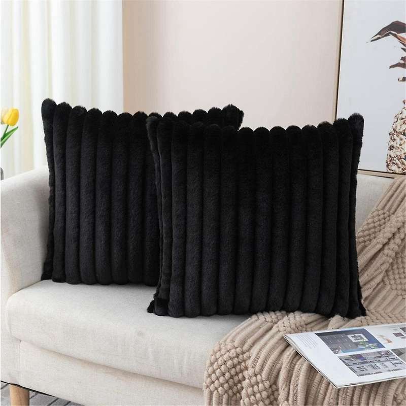 Faux Fur Plush Black Throw Pillow Covers Fuzzy Striped Pillowcase Cushion Covers 18 X 18 Inch Decor