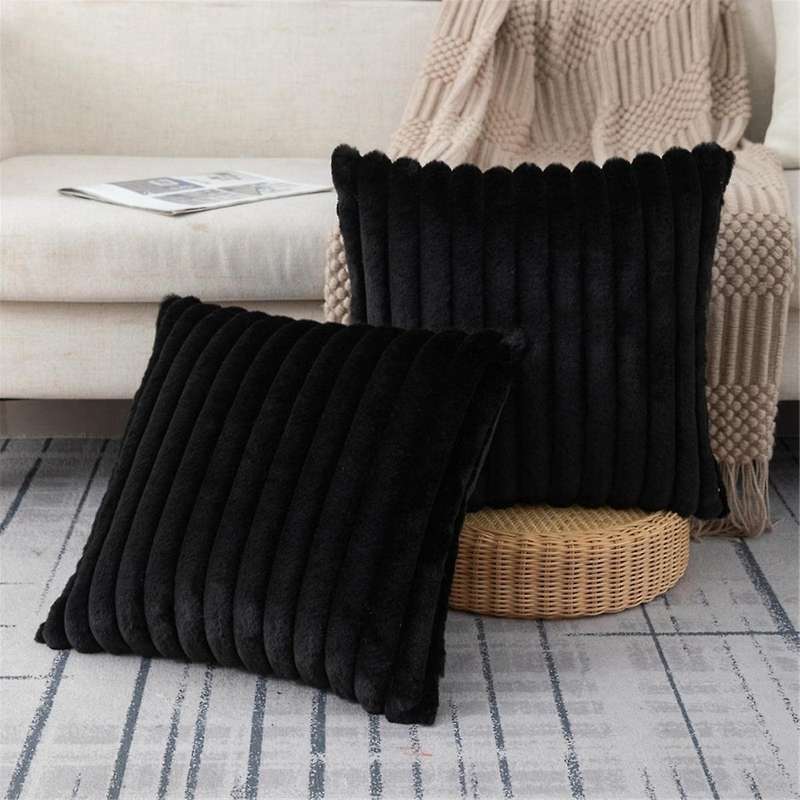 Faux Fur Plush Black Throw Pillow Covers Fuzzy Striped Pillowcase Cushion Covers 18 X 18 Inch Decor