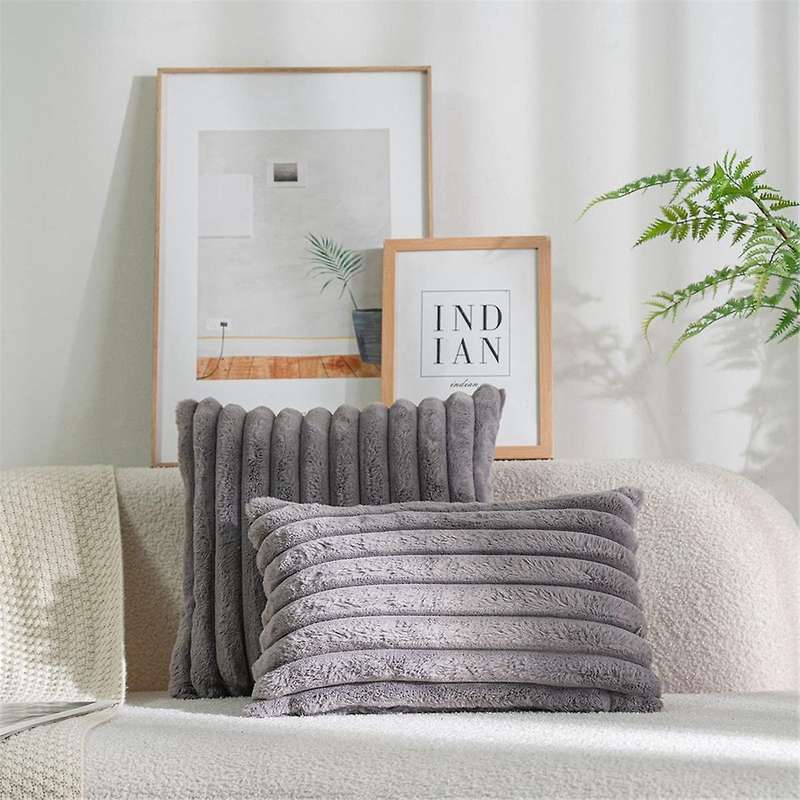 Faux Fur Plush Grey Throw Pillow Covers Fuzzy Striped Pillowcase Cushion Covers 18 X 18 Inch Decor S