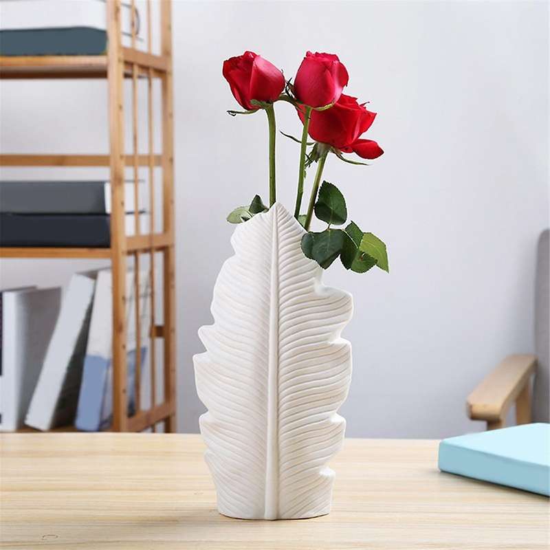 Feather Ceramic Vase Leaf Shape Flower Pot Balcony Office Ornament Bedroom Living Room Desktop Home