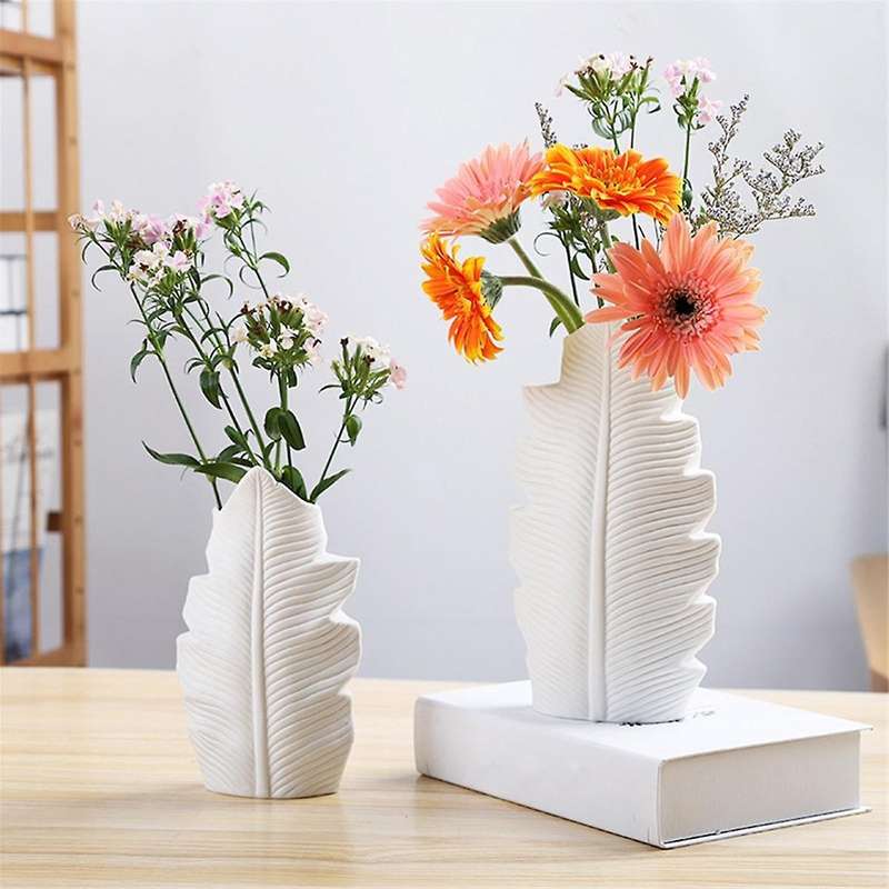 Feather Ceramic Vase Leaf Shape Flower Pot Balcony Office Ornament Bedroom Living Room Desktop Home