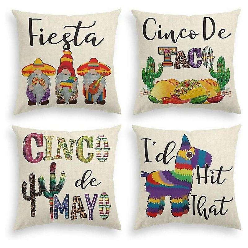 Fiesta Sombrero Gnome Throw Pillow Cover, 18 x 18 Inch Cactus Donkey Pinata Cushion Case for Sofa Co