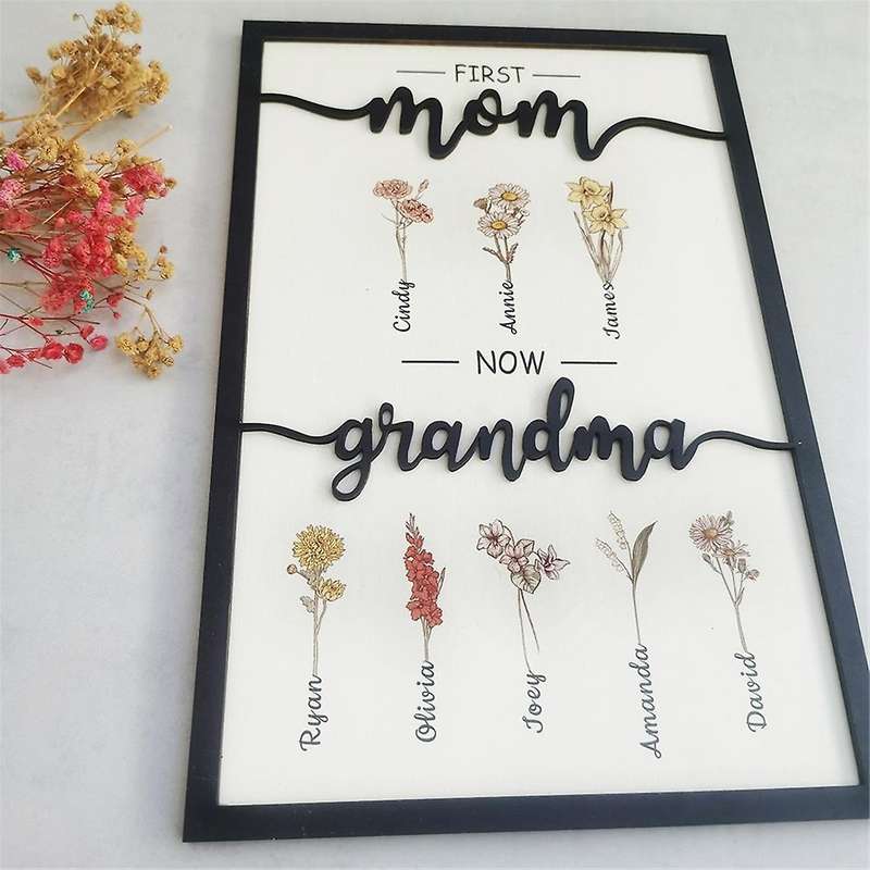 First Mom Now Grandma Birth Month Flower Wooden Plaque, Personalized Mothers Day Gifts, Mother'S Da