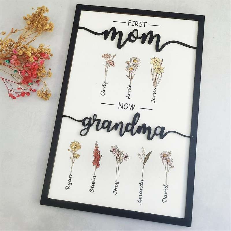 First Mom Now Grandma Birth Month Flower Wooden Plaque, Personalized Mothers Day Gifts, Mother'S Da
