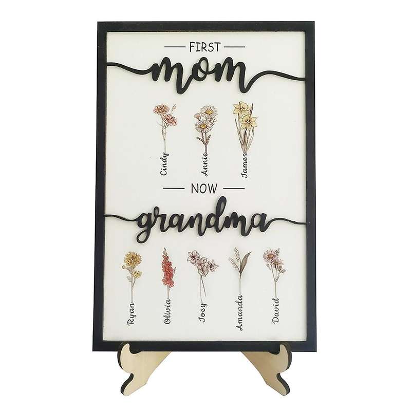 First Mom Now Grandma Birth Month Flower Wooden Plaque, Personalized Mothers Day Gifts, Mother'S Da