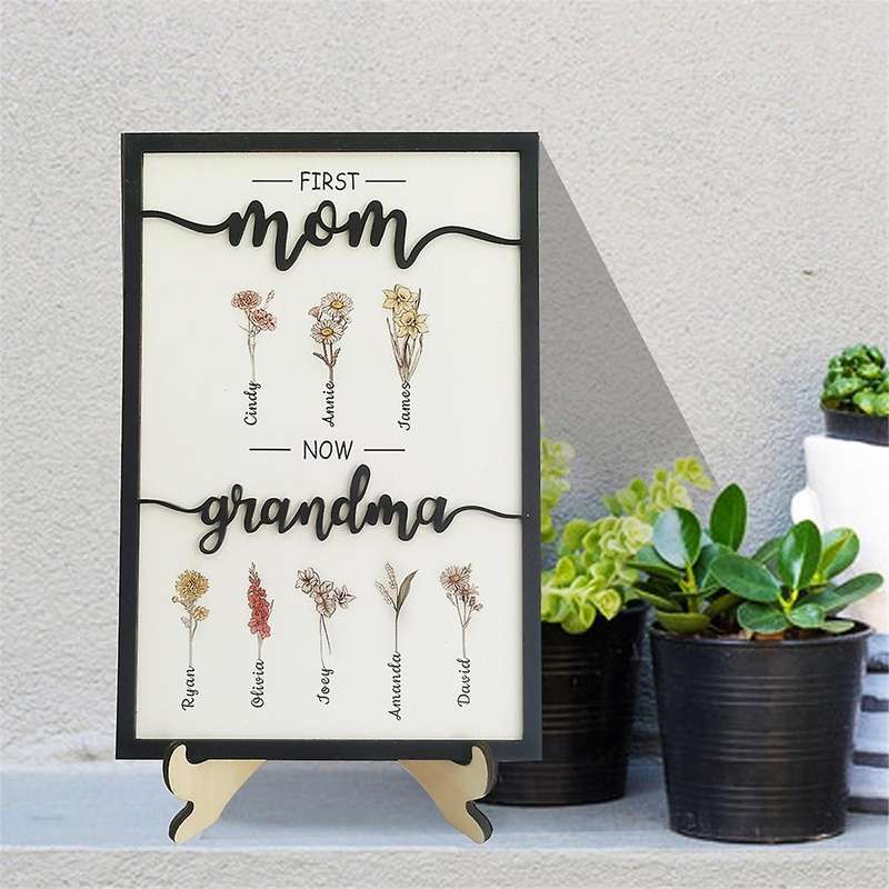 First Mom Now Grandma Birth Month Flower Wooden Plaque, Personalized Mothers Day Gifts, Mother'S Da