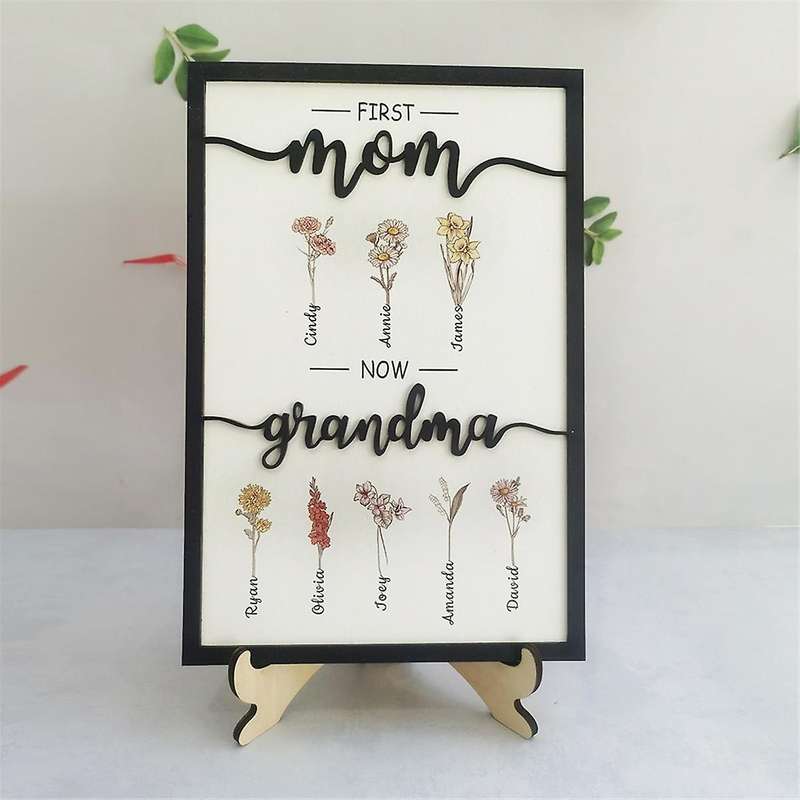 First Mom Now Grandma Birth Month Flower Wooden Plaque, Personalized Mothers Day Gifts, Mother'S Da