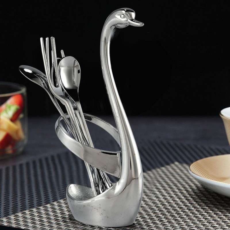 Flatware Set with Swan Holder,fruit/dessert Fork Cake/coffee Spoon Organizer, Tableware Decoration