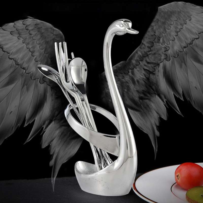 Flatware Set with Swan Holder,fruit/dessert Fork Cake/coffee Spoon Organizer, Tableware Decoration