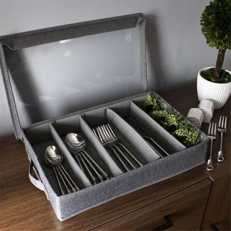 Flatware & Utensil Storage - Durable Silverware Storage Box with Adjustable Divider, 5 Compartment