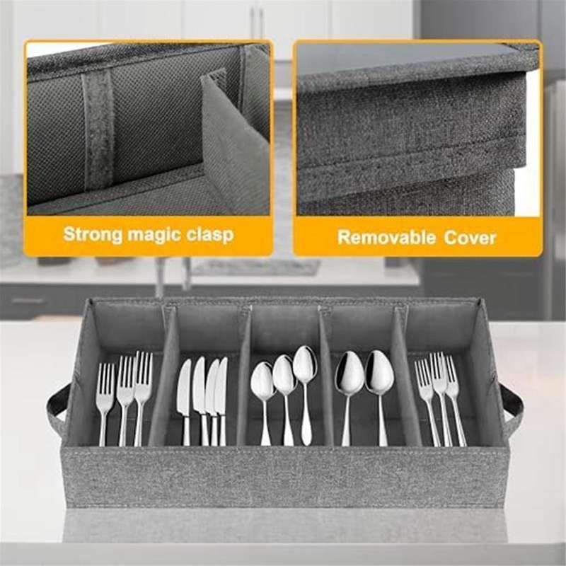 Flatware & Utensil Storage - Durable Silverware Storage Box with Adjustable Divider, 5 Compartment