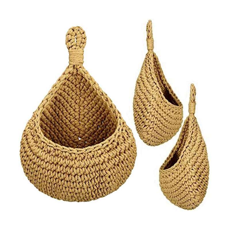 Flax Hanging Storage Basket Teardrop Shape Woven Boho Wall Fruit Basket Wall Planters for Kitchen D