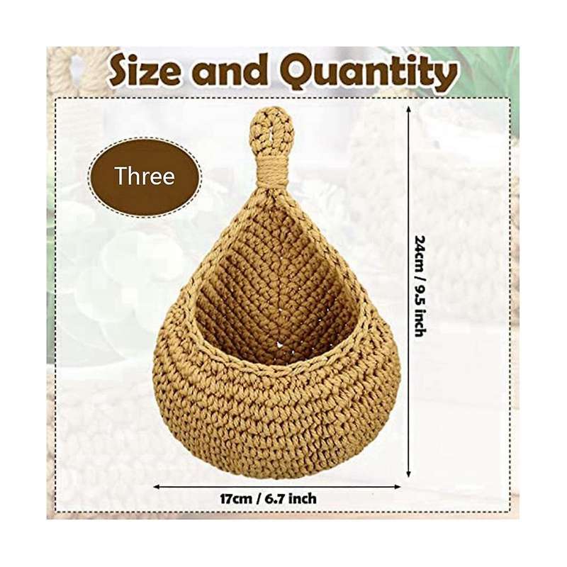 Flax Hanging Storage Basket Teardrop Shape Woven Boho Wall Fruit Basket Wall Planters for Kitchen D