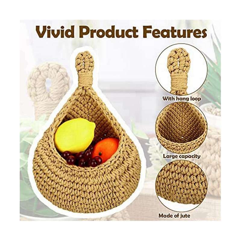 Flax Hanging Storage Basket Teardrop Shape Woven Boho Wall Fruit Basket Wall Planters for Kitchen D