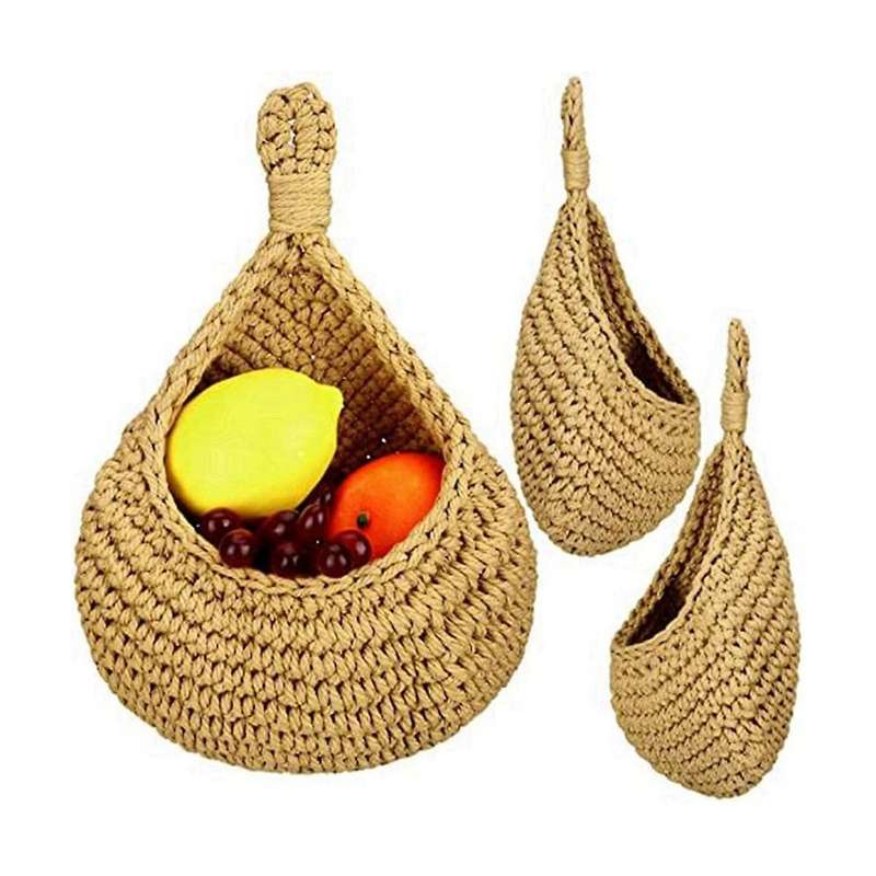 Flax Hanging Storage Basket Teardrop Shape Woven Boho Wall Fruit Basket Wall Planters for Kitchen D