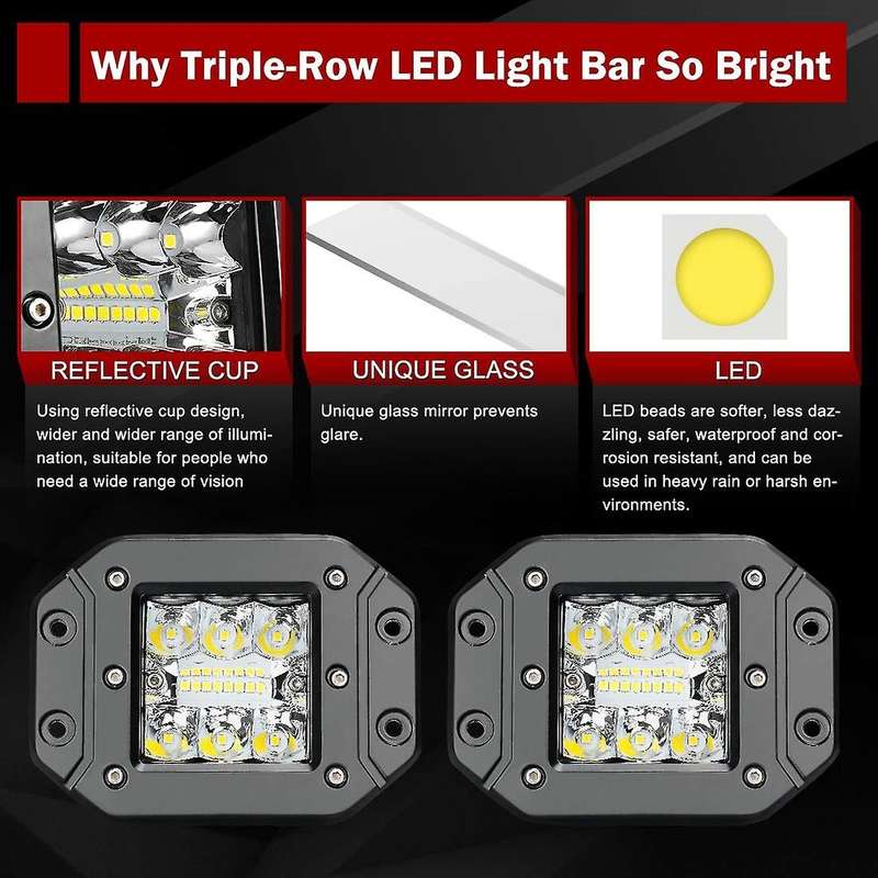 Flush Mount LED Pods 2PCS 5 inch LED Strip 42W Three Rows 27000LM Upgrade Chipset Floodlight Combina