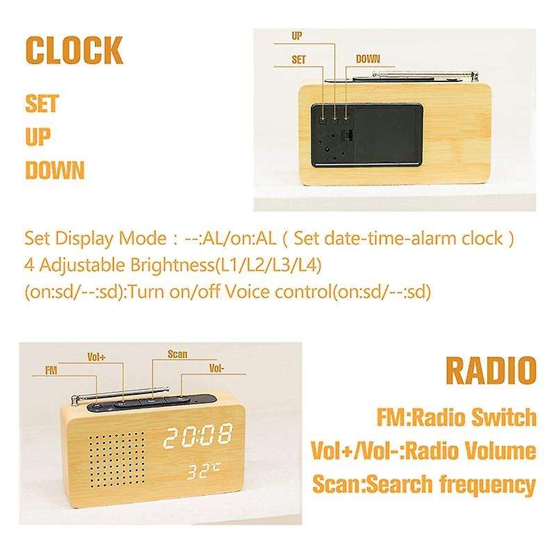 FM Radio Bamboo LED Electronic Display with LED Clock Desktop Mini Portable Radio Home Radio Mini Te